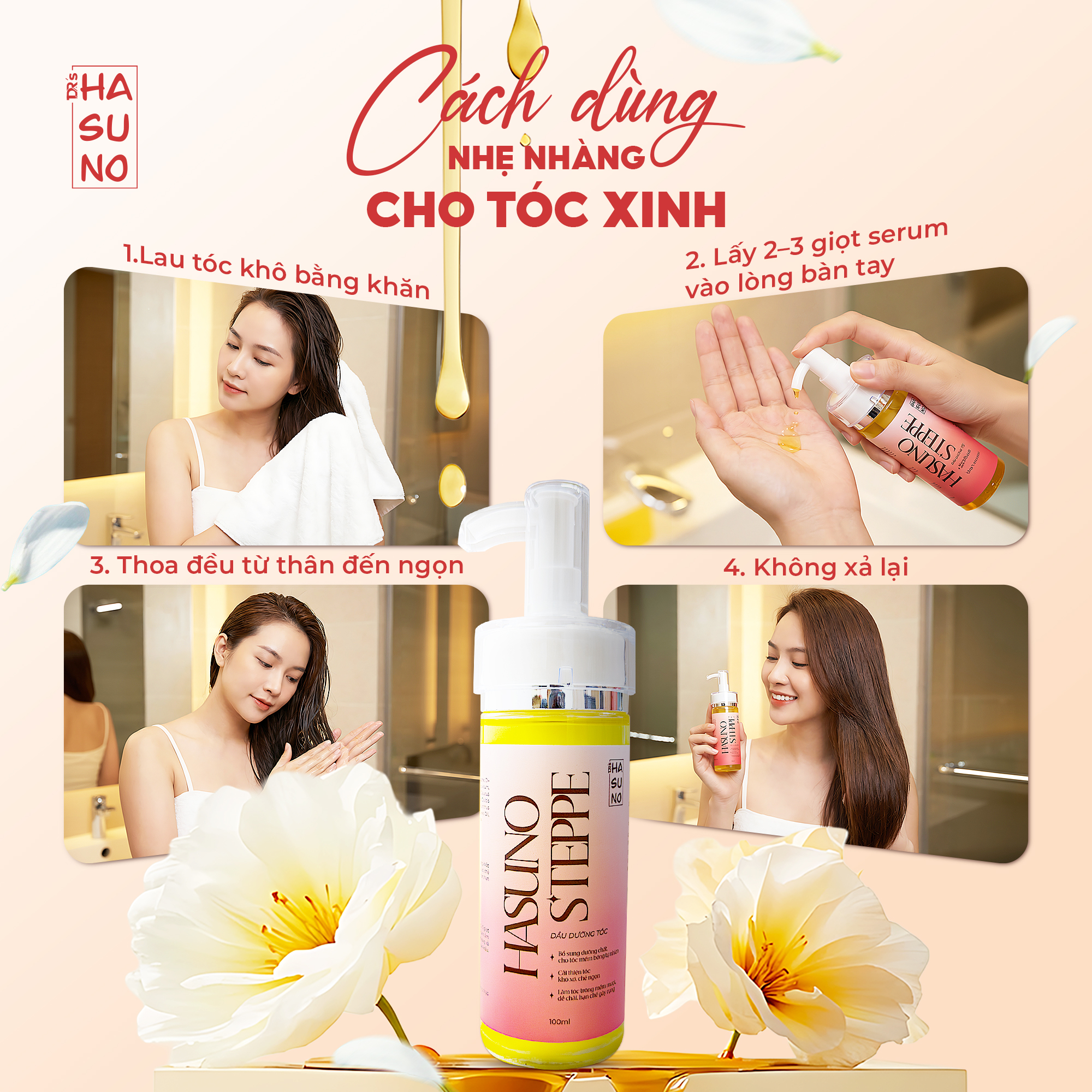 Cách dùng dầu dưỡng tóc hasuno Steppe